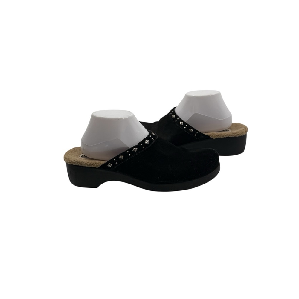 Minnetonka Black Suede Stud Accented Sherpa Lined Mules Size 11 Women’s
